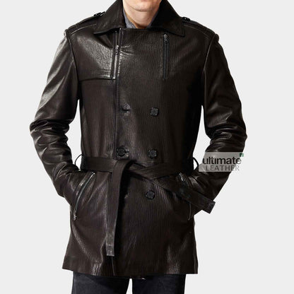 Genuine Leather Brown Trench Coat For Men