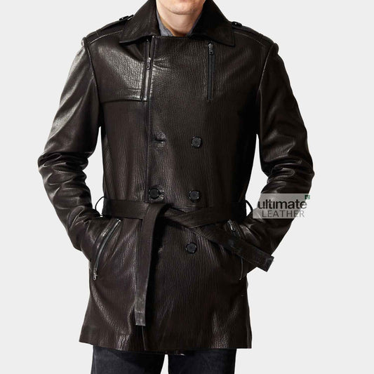Genuine Leather Brown Trench Coat For Men