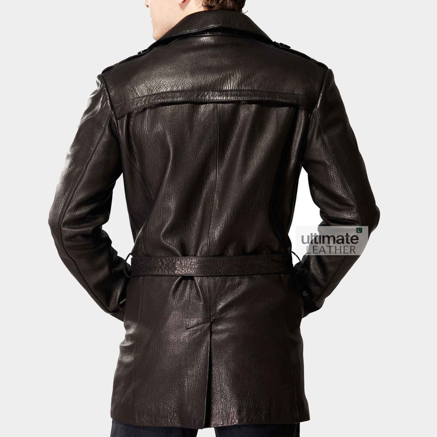 Genuine Leather Brown Trench Coat For Men