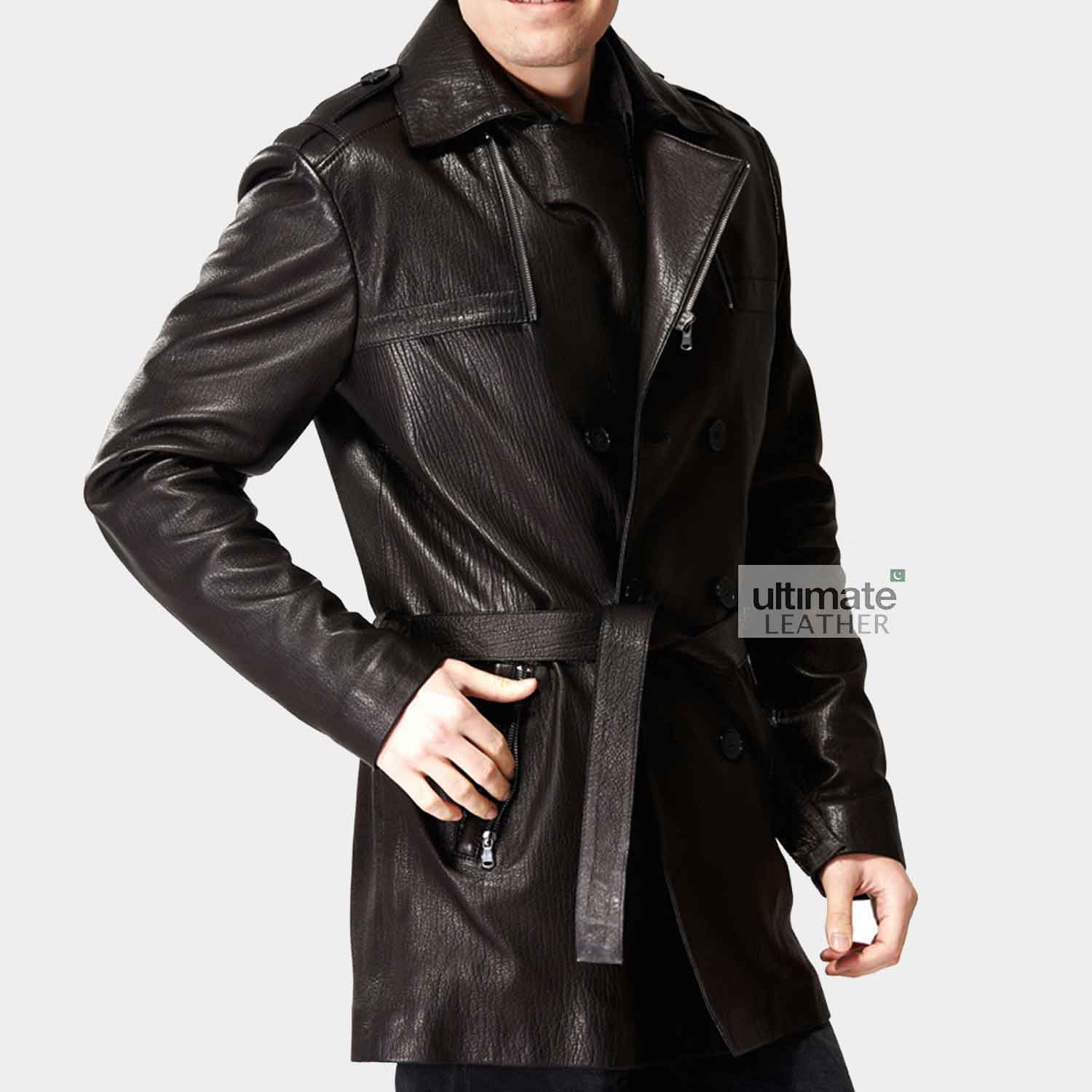 Genuine Leather Brown Trench Coat For Men