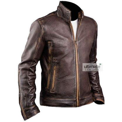 Men's Biker Brown Cafe Racer Leather Jacket