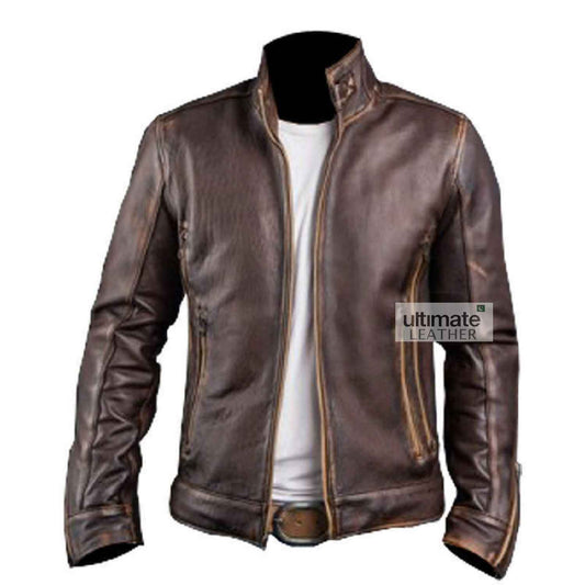Men's Biker Brown Cafe Racer Leather Jacket