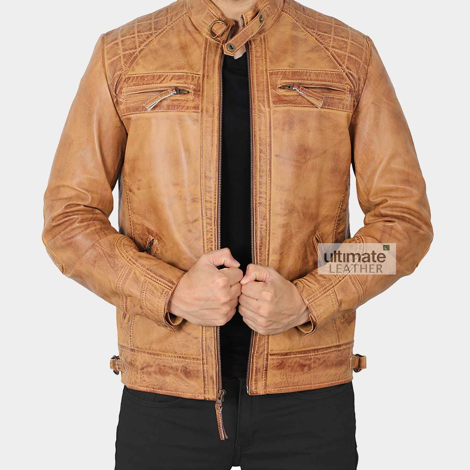 Mens Quilted Camel Brown Biker Leather Jacket