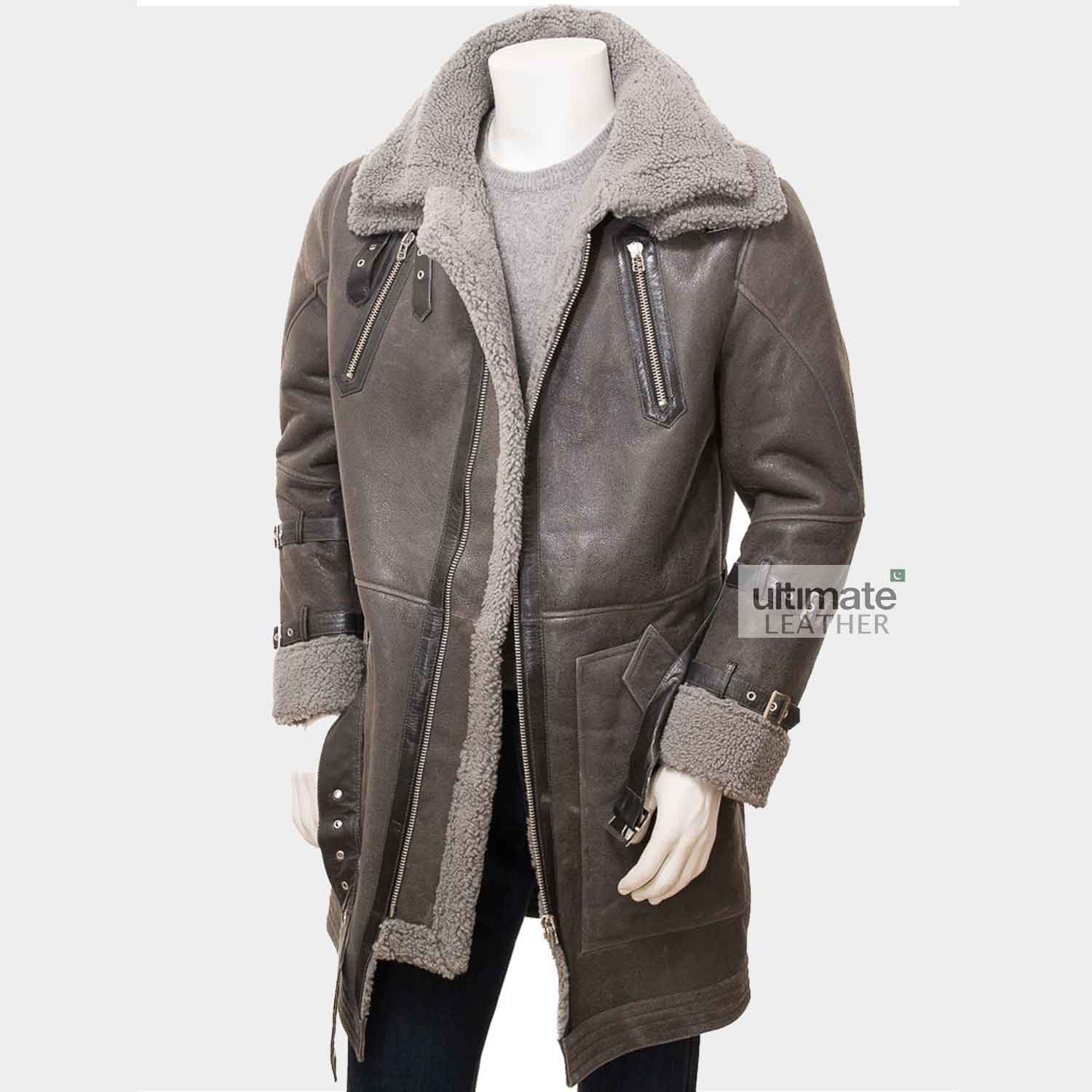 Mens Grey Shearling Trench Coat