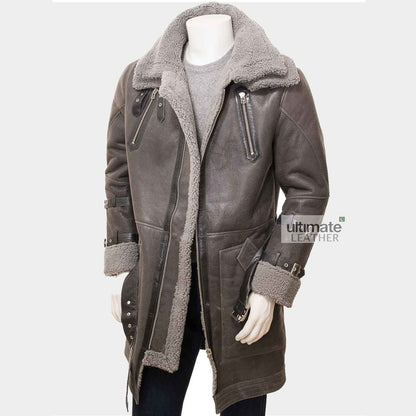 Mens Grey Shearling Trench Coat