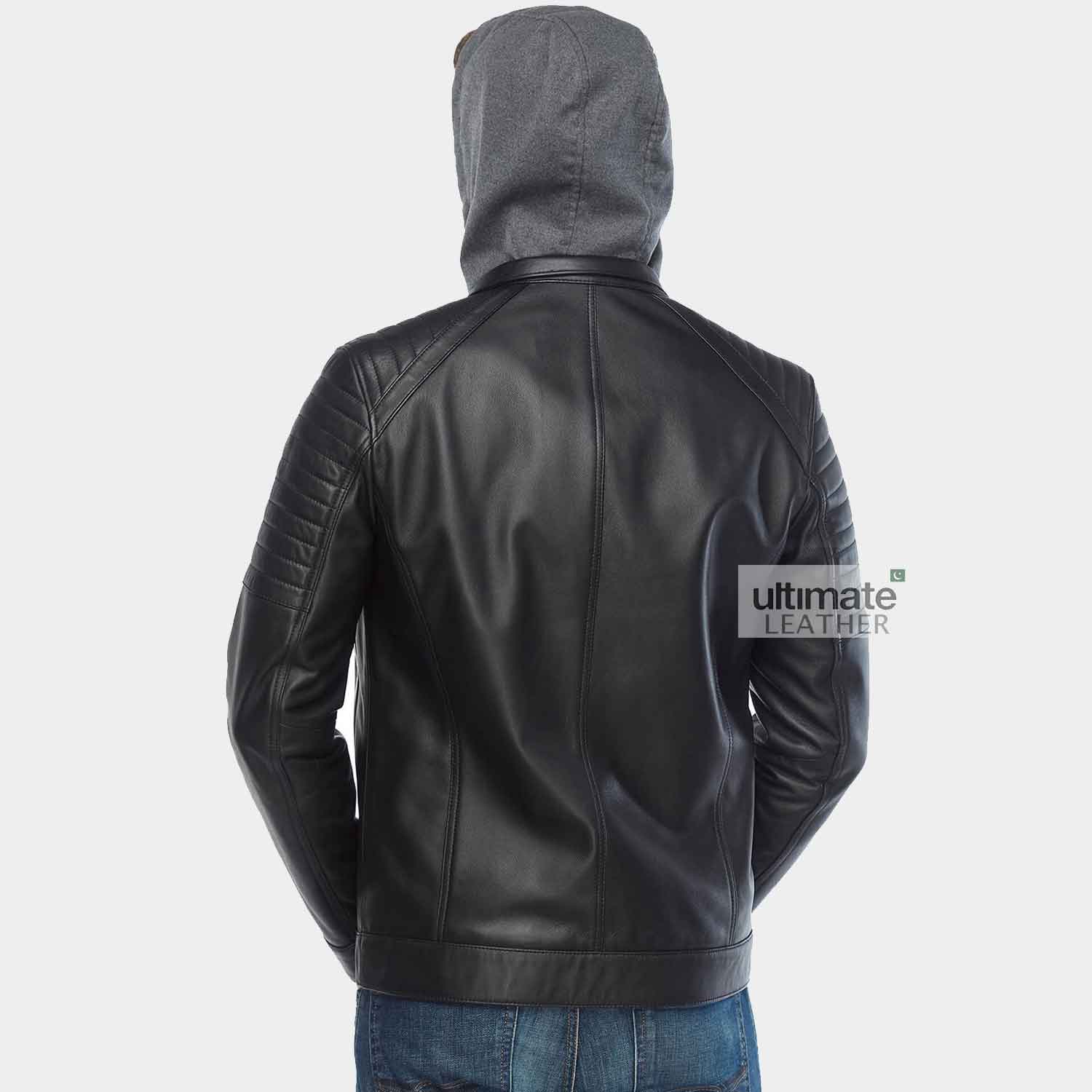 Mens Black Hooded Leather Jacket