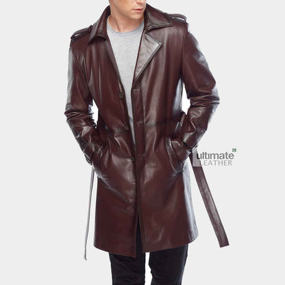 Mens Maroon Leather Pea Coat