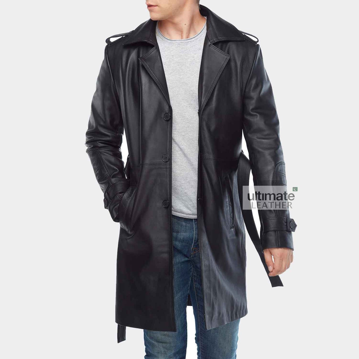 Mens Black Leather Long Trench Coat