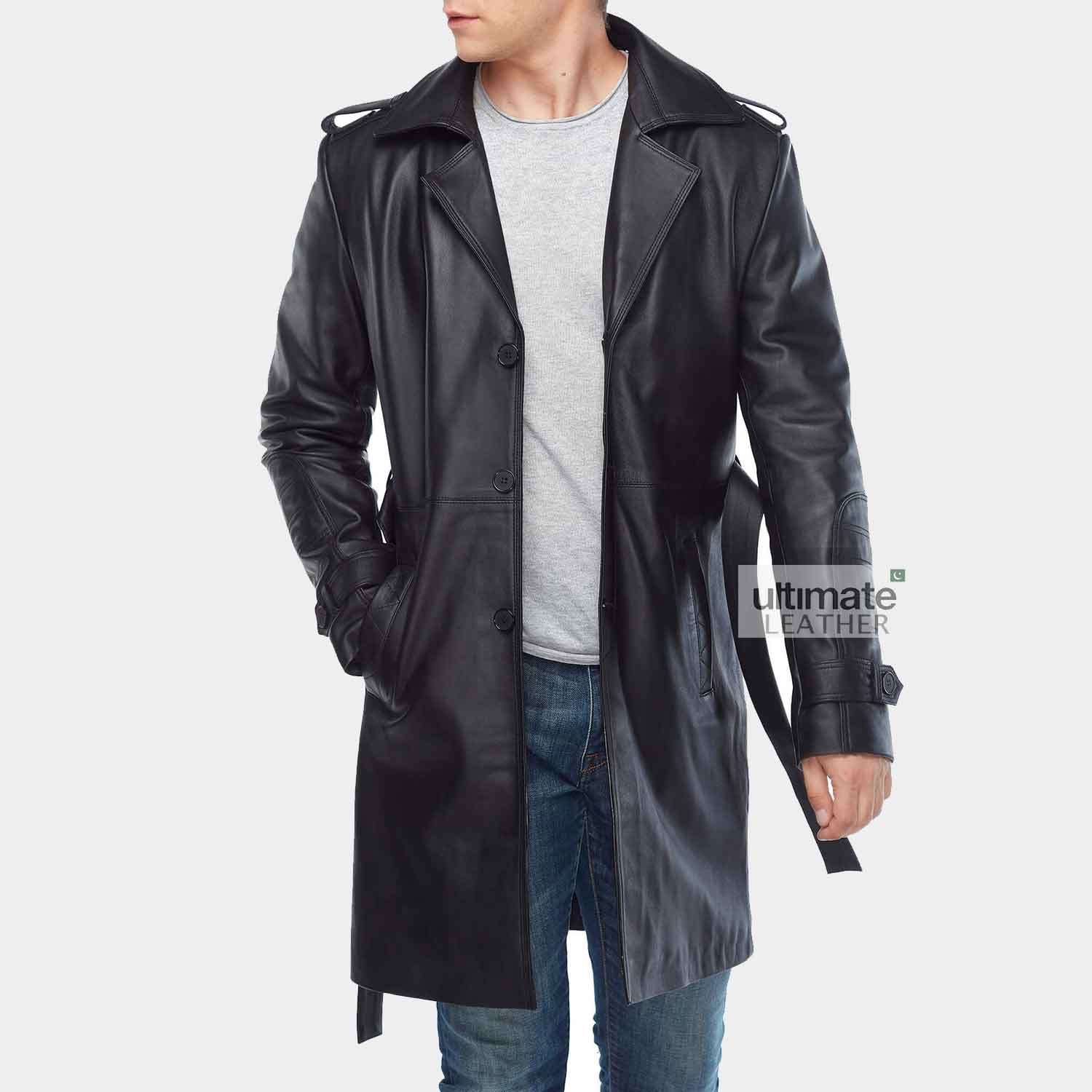Mens Black Leather Long Trench Coat