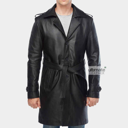 Mens Black Leather Long Trench Coat