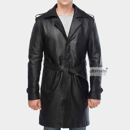 Mens Black Leather Long Trench Coat