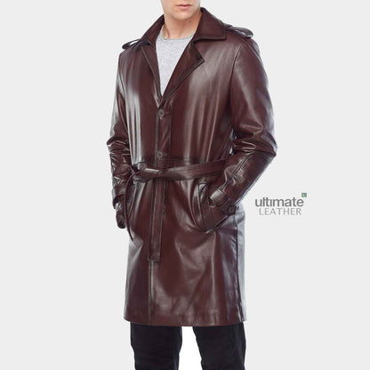 Mens Maroon Leather Pea Coat