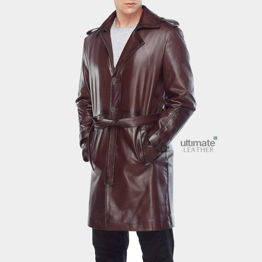 Mens Maroon Leather Pea Coat