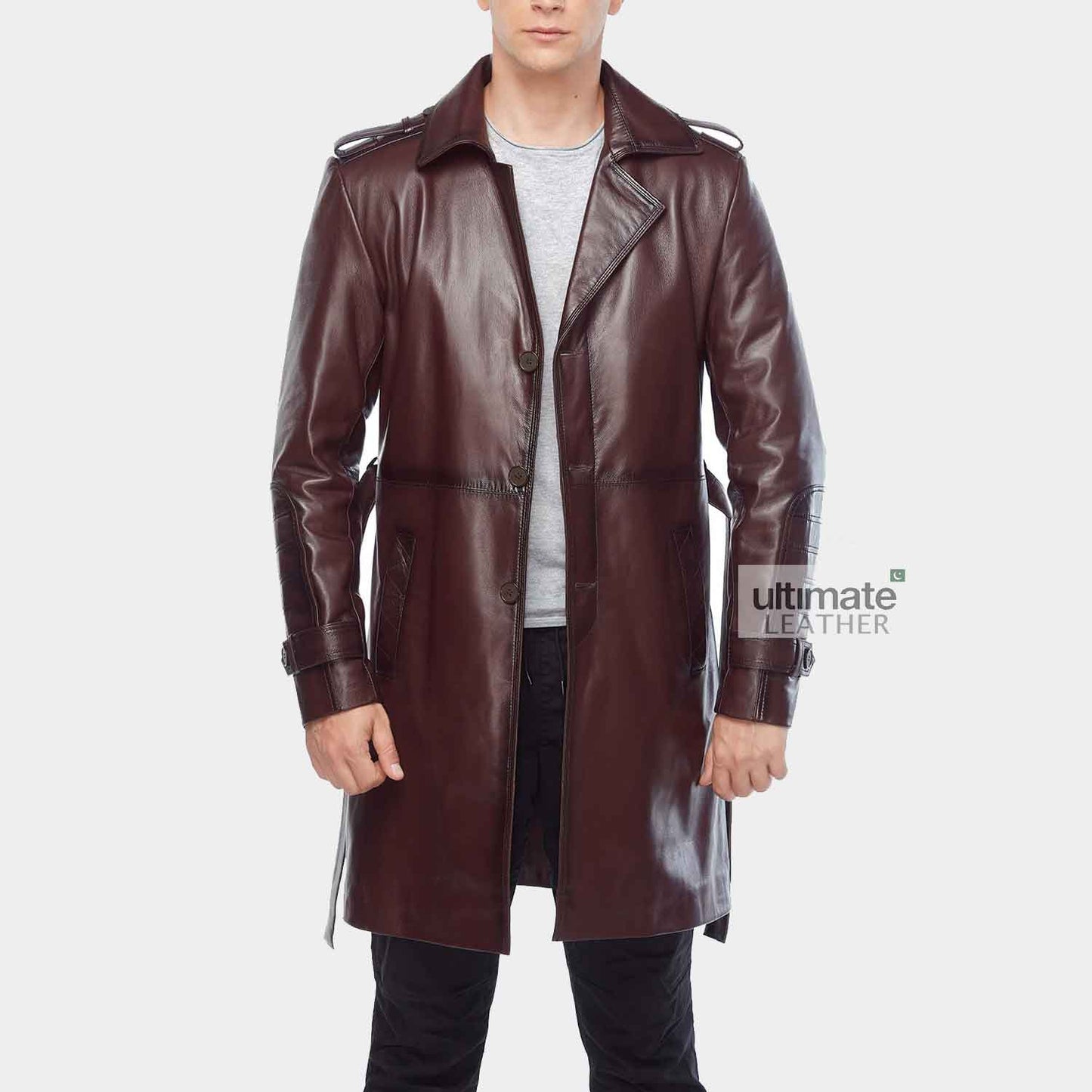 Mens Maroon Leather Pea Coat