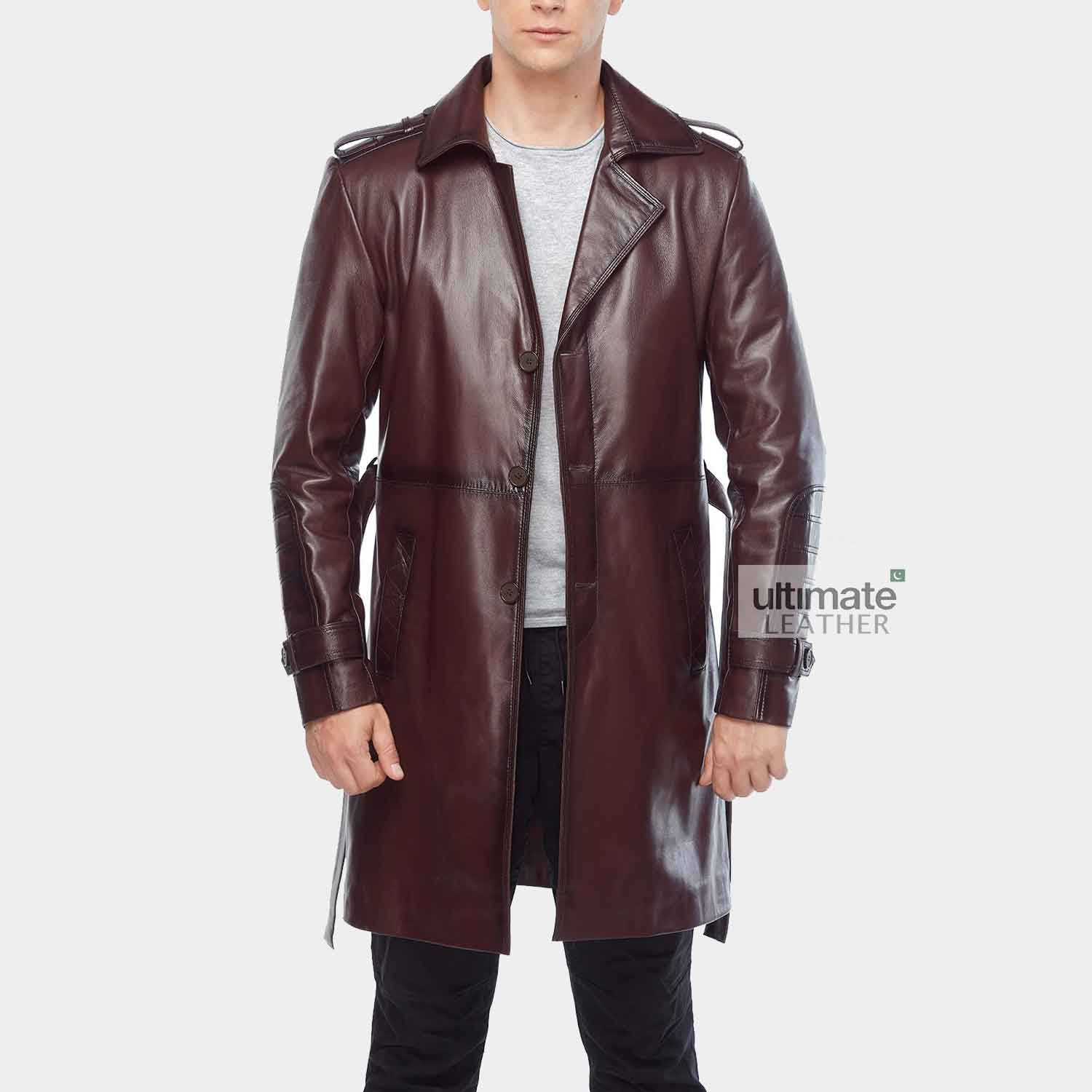 Mens Maroon Leather Pea Coat