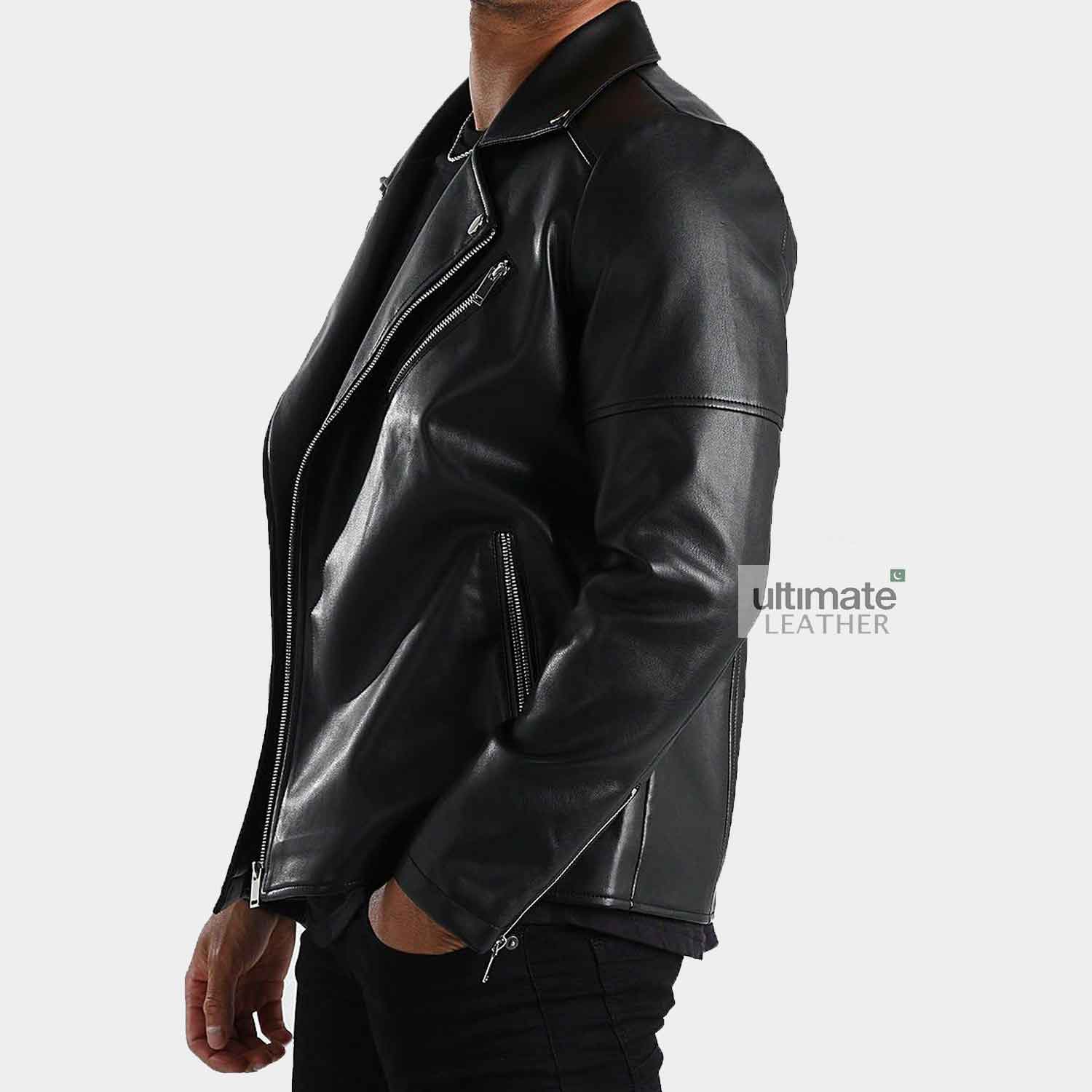 Mens Motorcycle Style Black Leather Jacket
