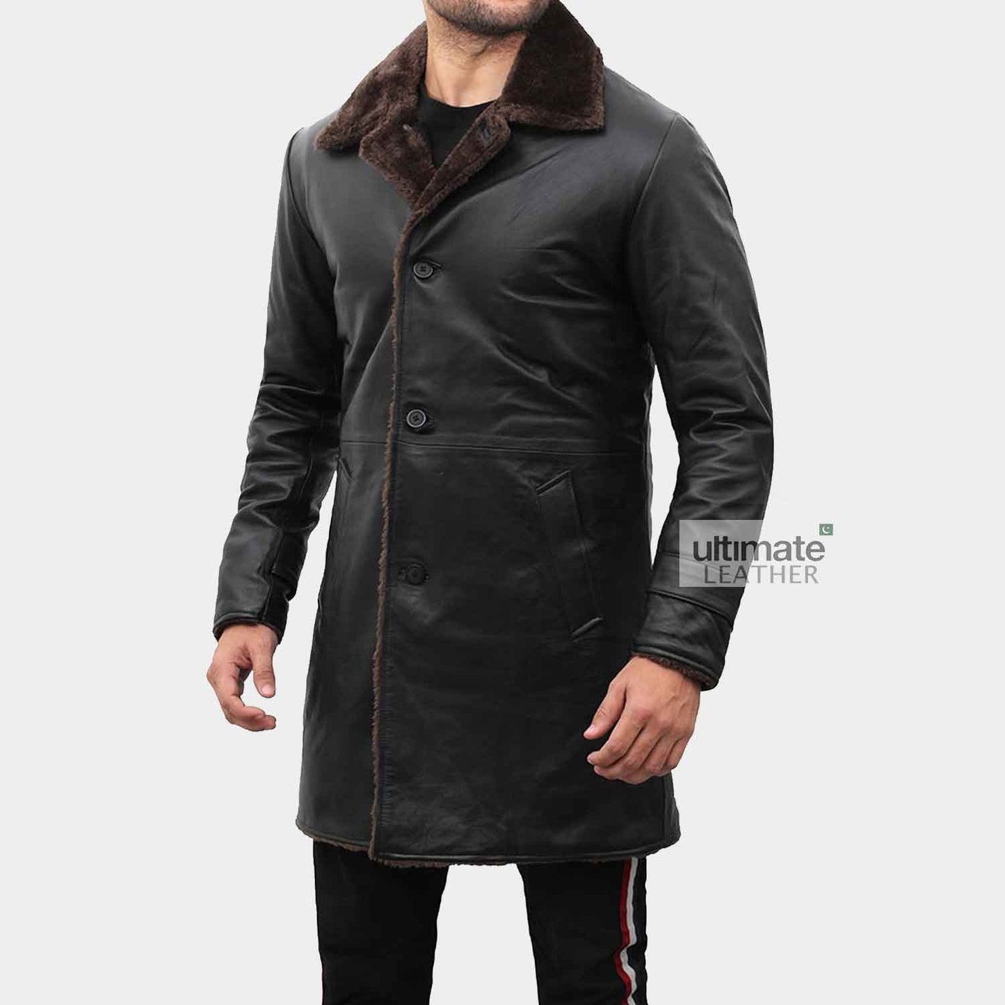Men's Black Fur Leather Trench Coat