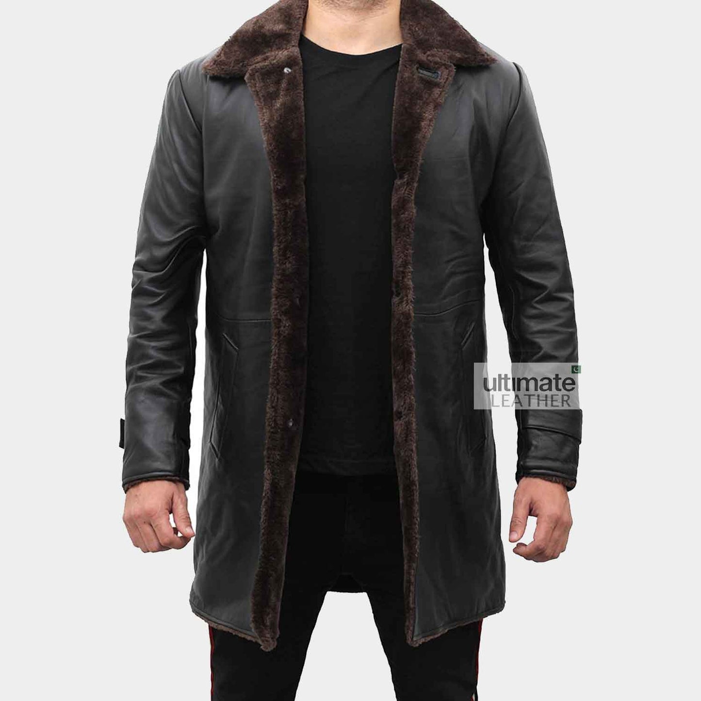 Men's Black Fur Leather Trench Coat