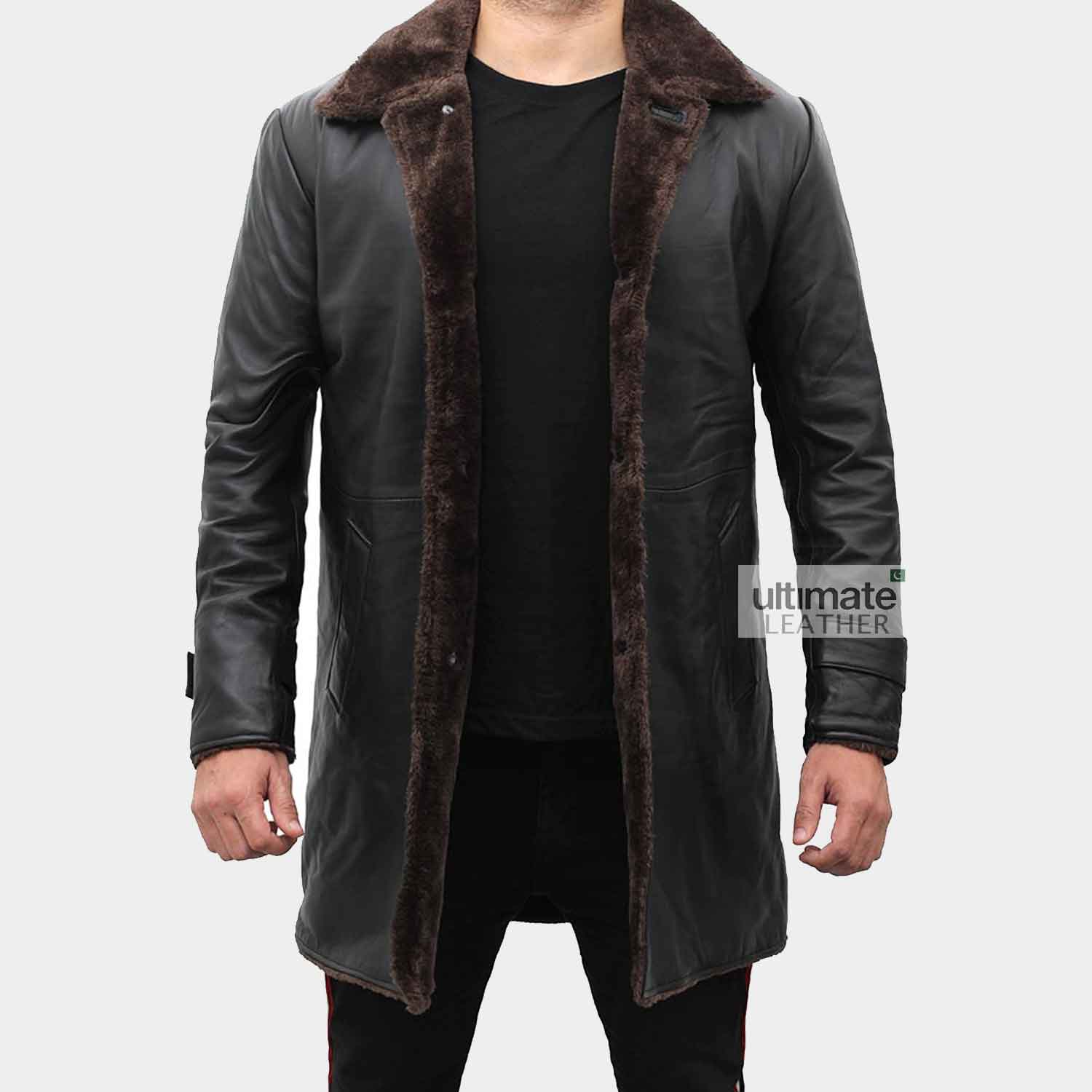 Men's Black Fur Leather Trench Coat
