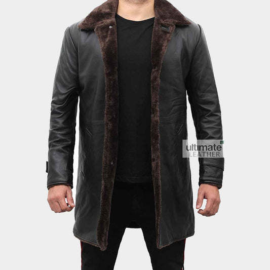 Men's Black Fur Leather Trench Coat