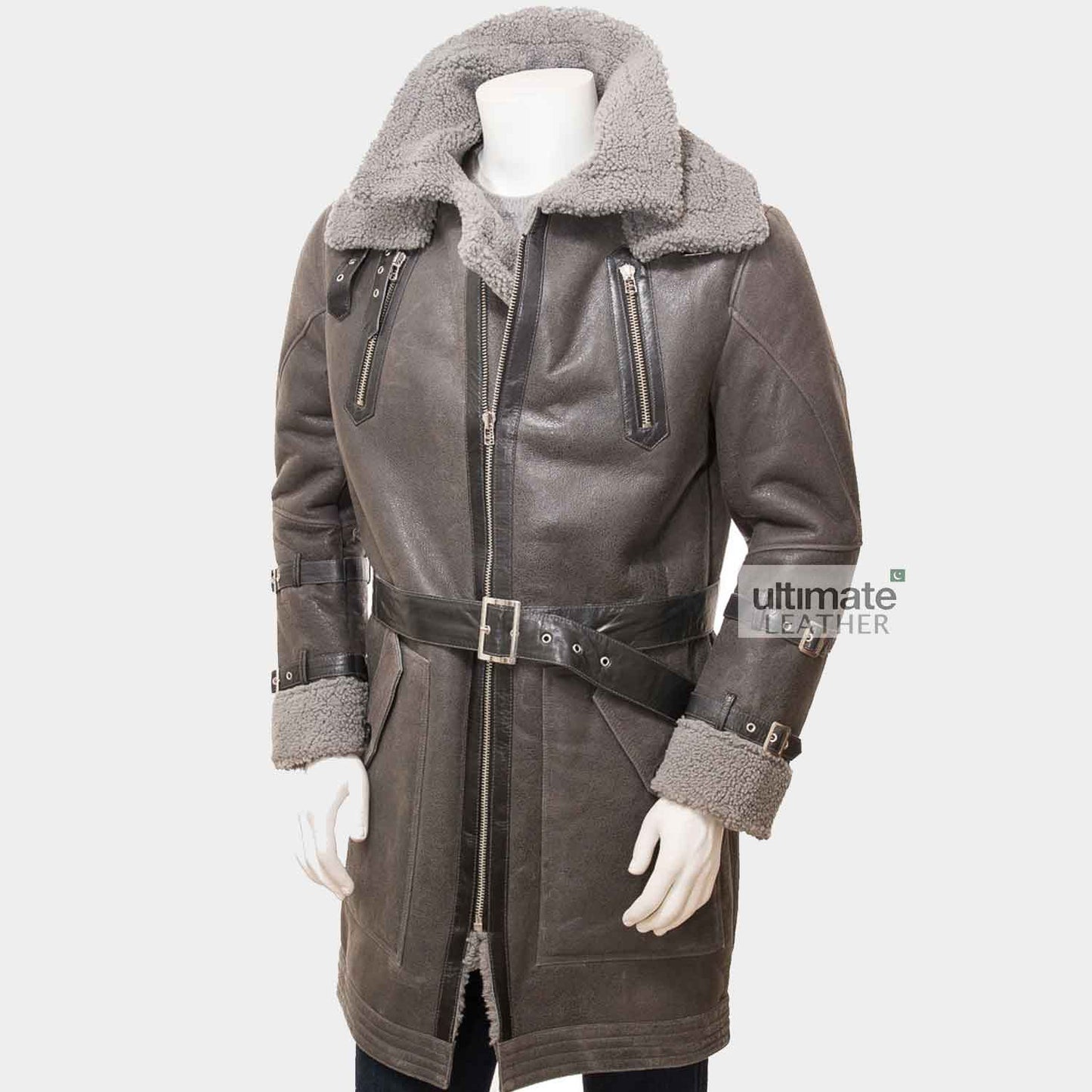 Mens Grey Shearling Trench Coat