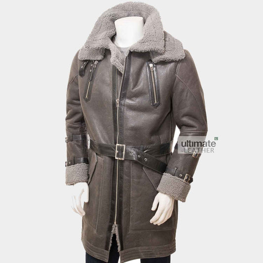 Mens Grey Shearling Trench Coat