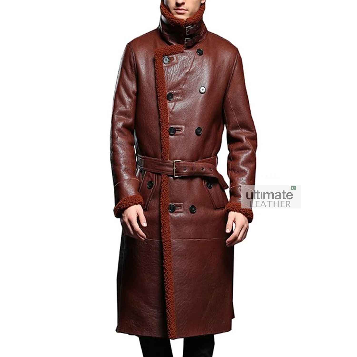 Mens Maroon Leather Trench Coat