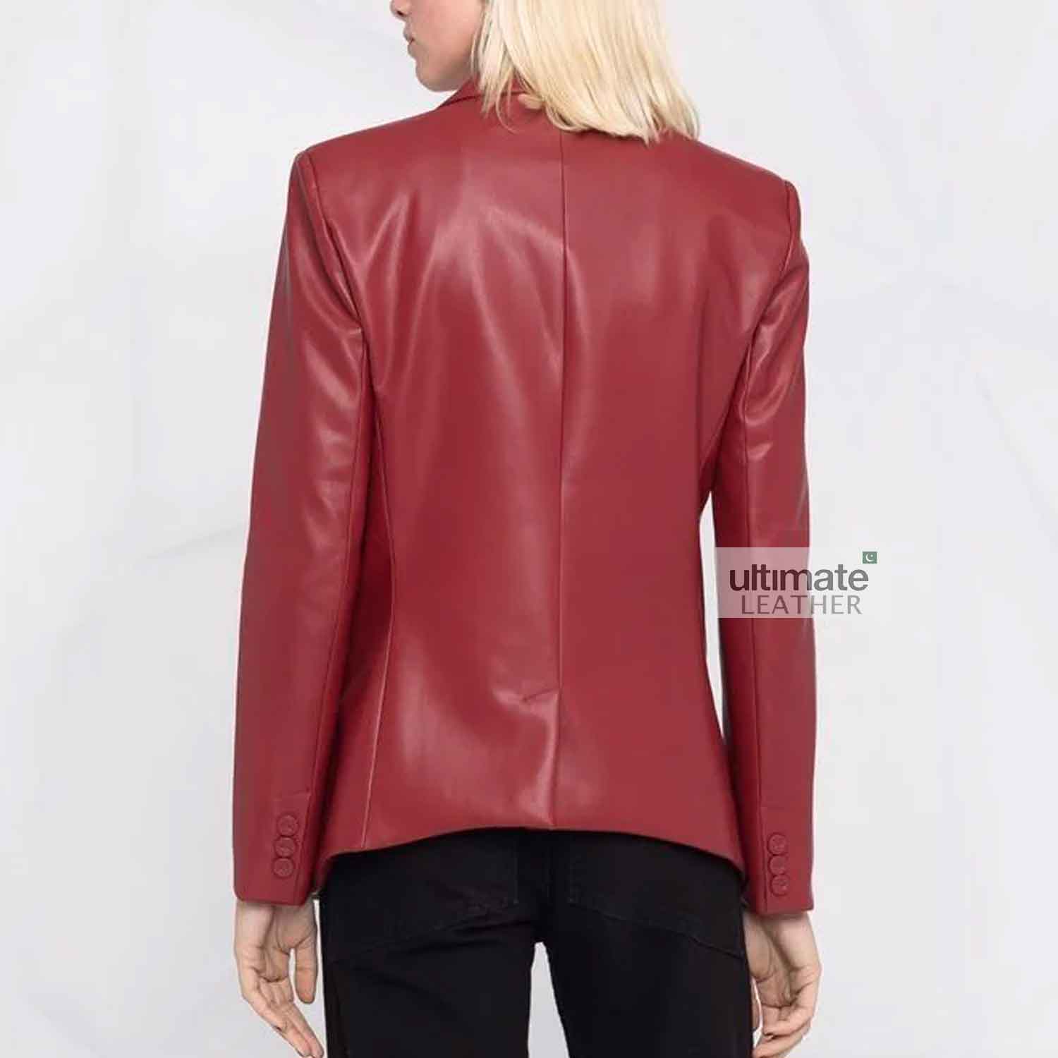 Womens Red Slim Fit Leather Blazer