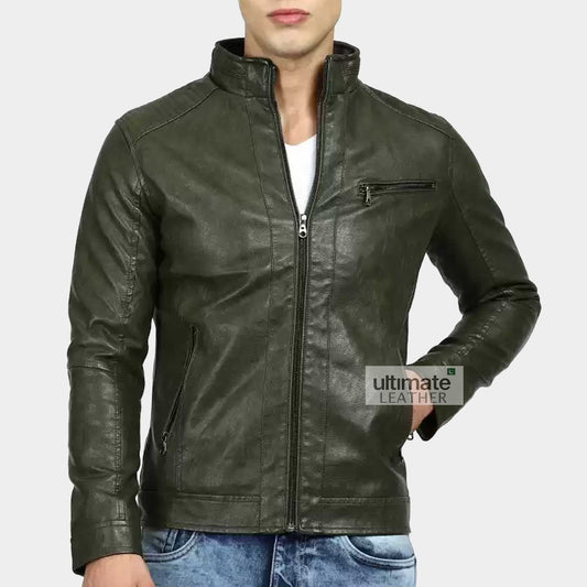 Solid Green Leather Jacket
