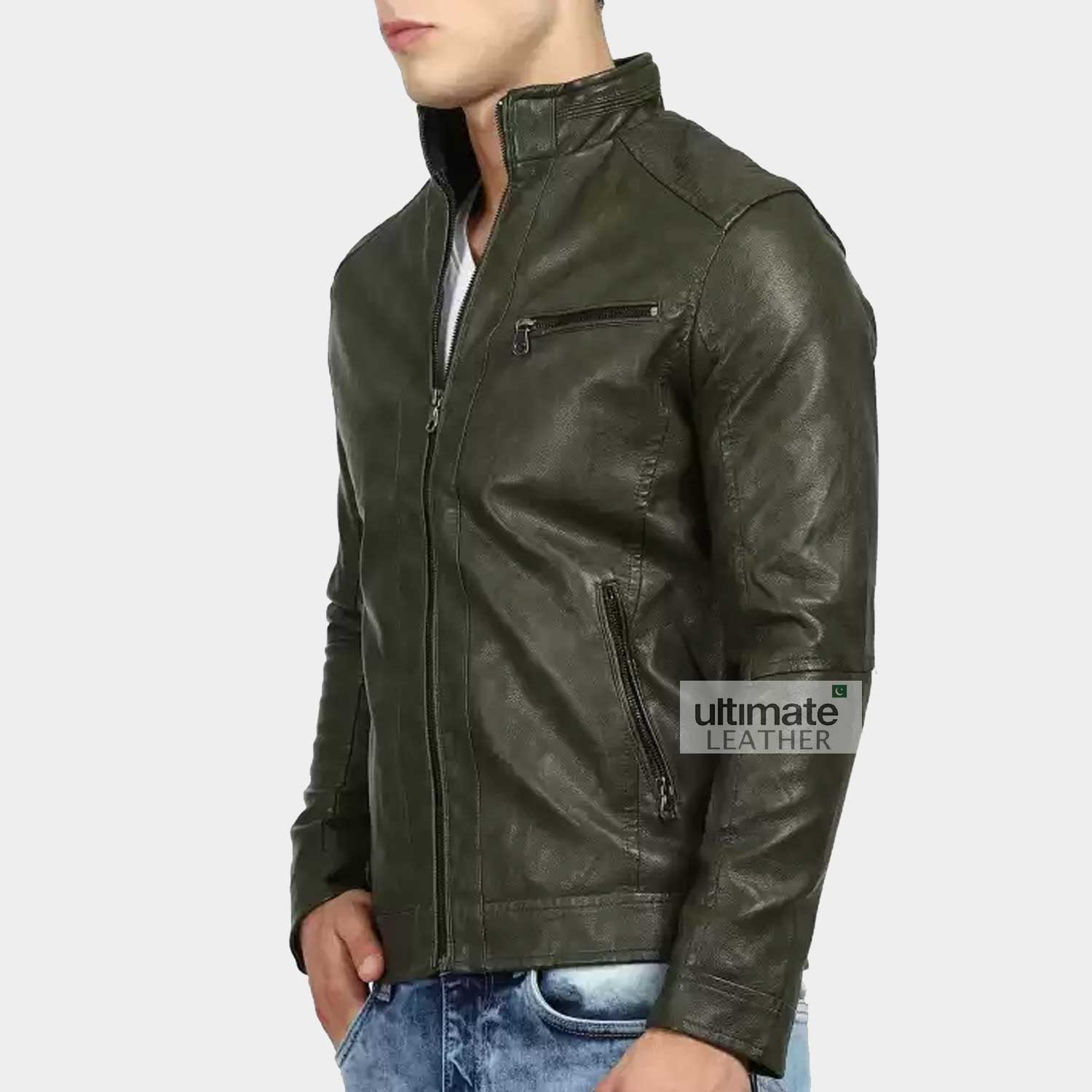 Solid Green Leather Jacket