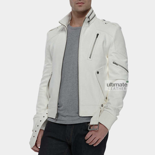Men's White Artificial Leather Jacket