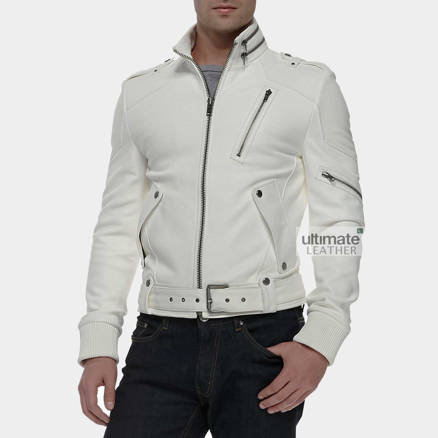 Men's White Artificial Leather Jacket