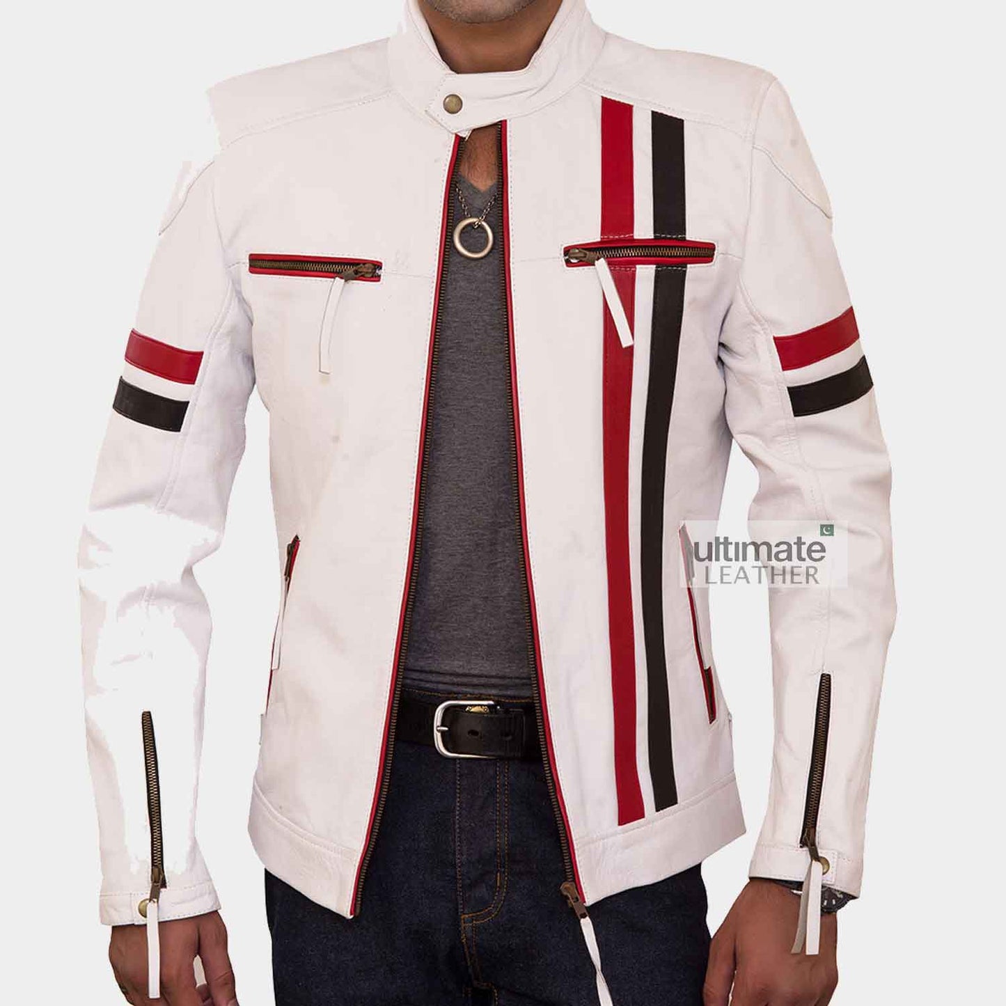 Men’s White Biker Racer Leather Jacket