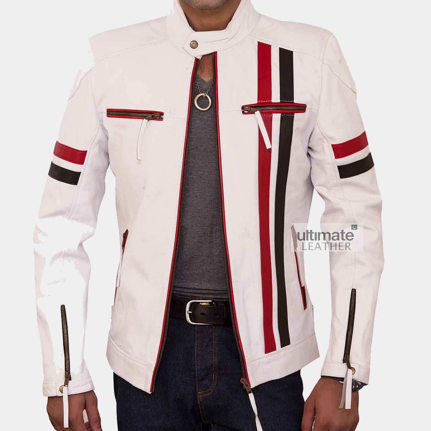 Men’s White Biker Racer Leather Jacket