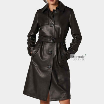 Women's Black Leather Trench Coat