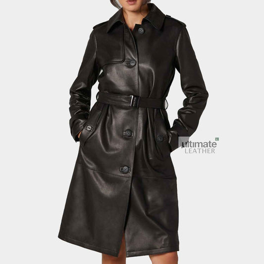 Women's Black Leather Trench Coat