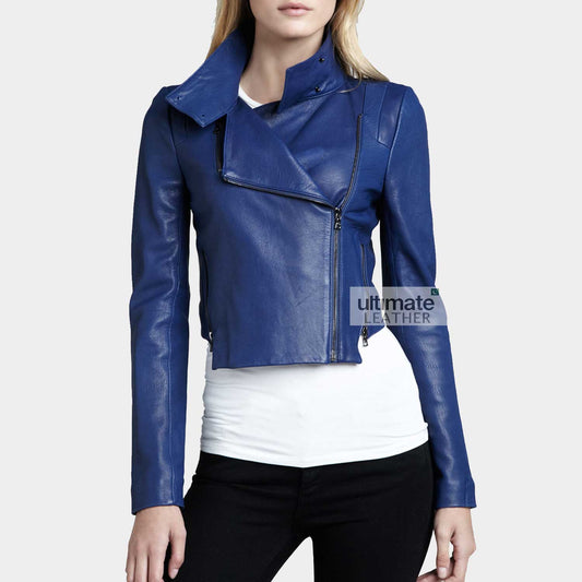 Women's Blue Biker Leather Jacket