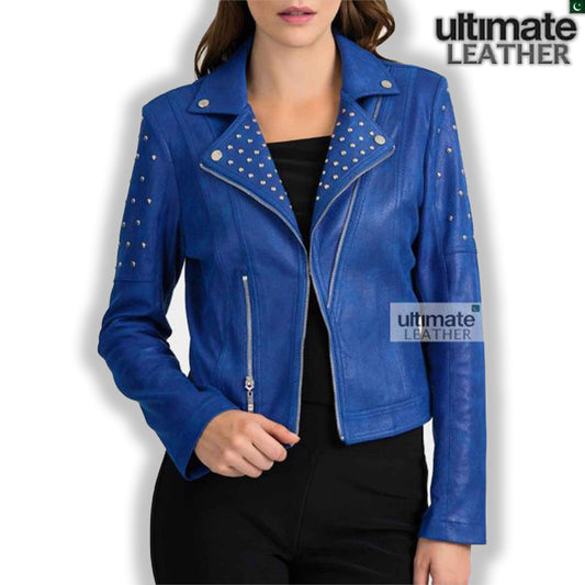 Women's Blue Slim Fit Leather Jacket