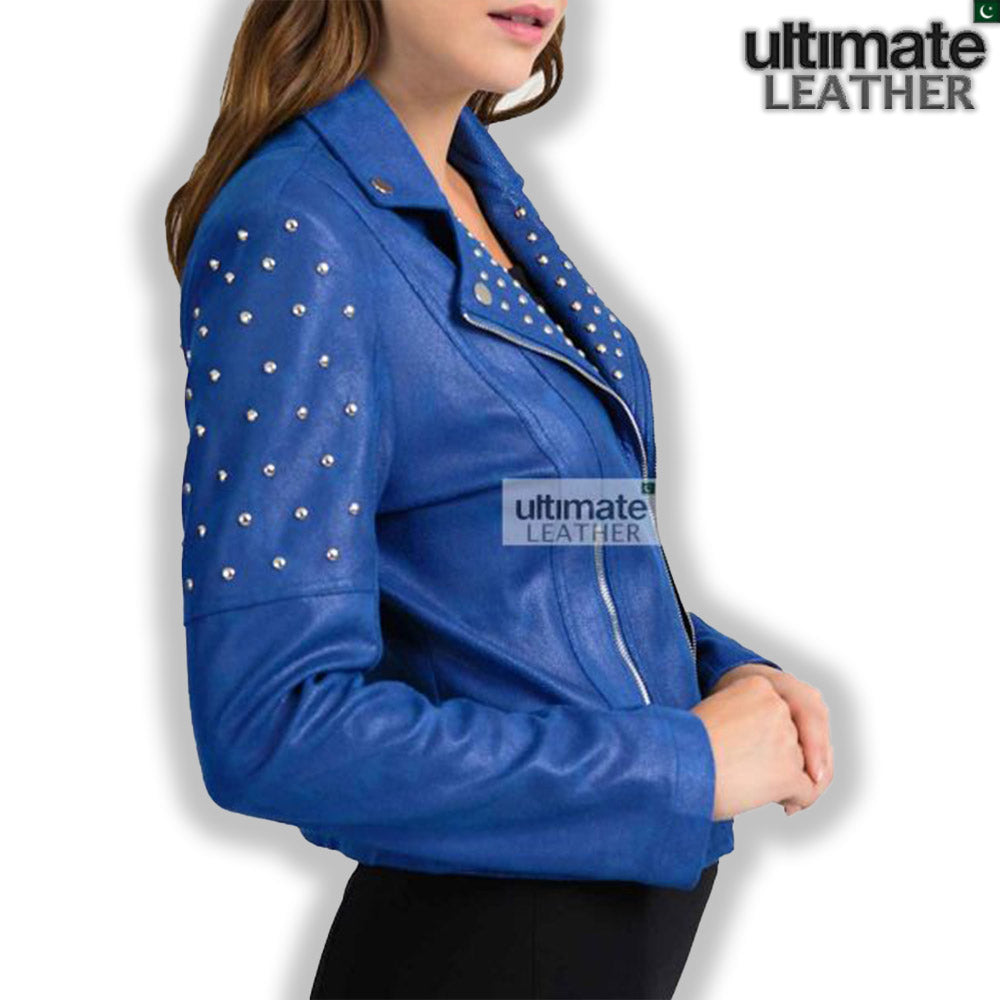 Women's Blue Slim Fit Leather Jacket