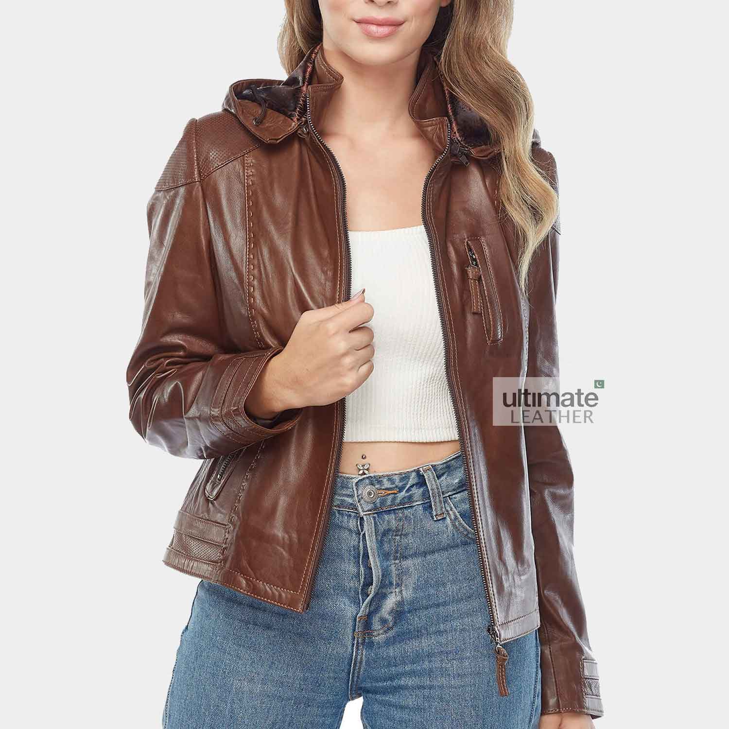 Womens Hooded Brown Faux Leather Jacket