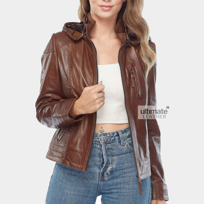 Womens Hooded Brown Faux Leather Jacket