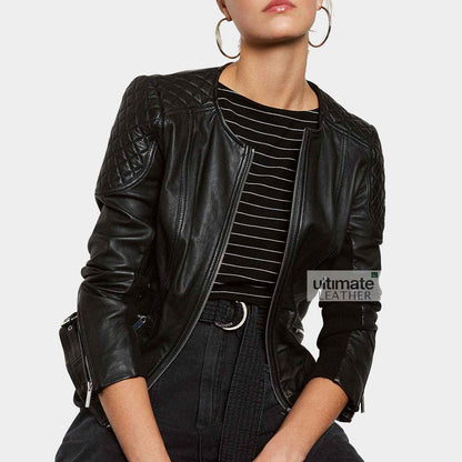 Women's Collarless Leather Jacket