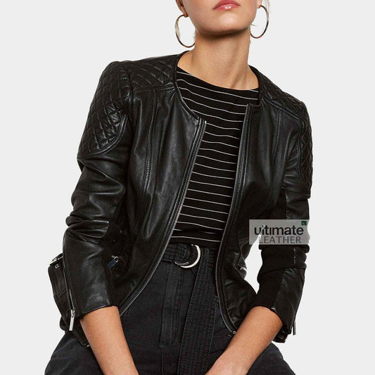 Women's Collarless Leather Jacket