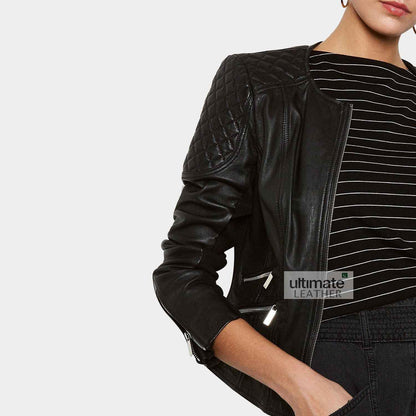 Women's Collarless Leather Jacket