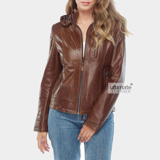 Womens Hooded Brown Faux Leather Jacket