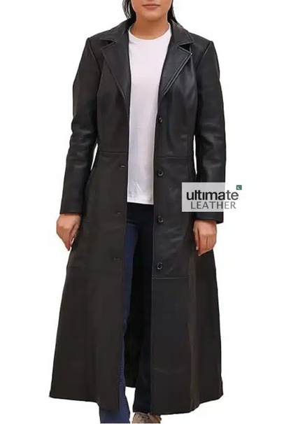 Women's Black Leather Long Coat