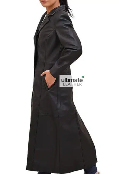 Women's Black Leather Long Coat