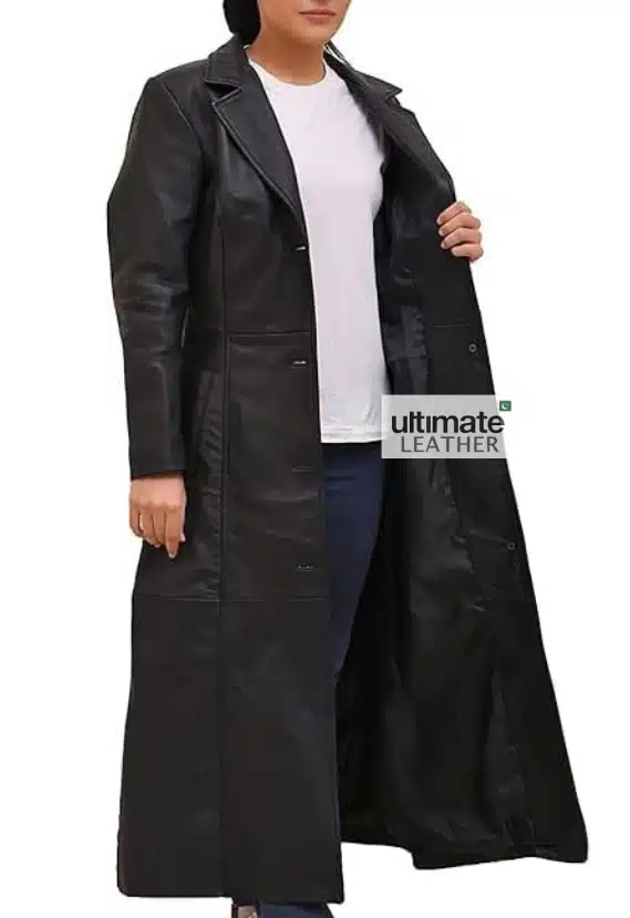 Women's Black Leather Long Coat