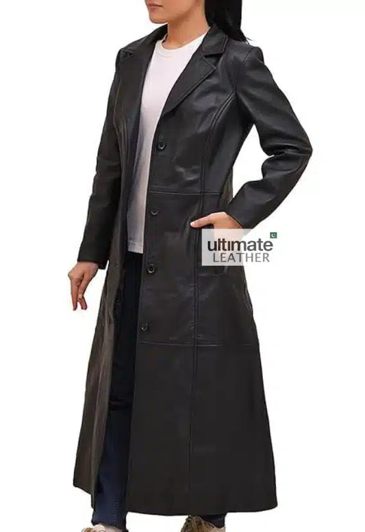 Women's Black Leather Long Coat