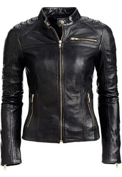 Women's Lambskin Motorcycle Black Leather Jacket